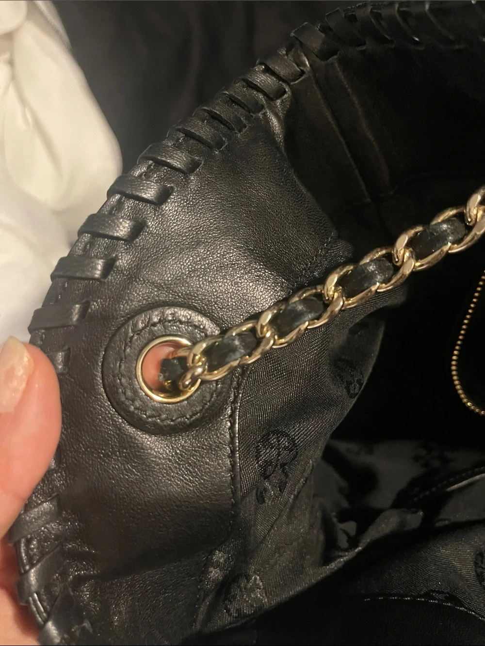 Tory Burch Quilted Black Leather Tote with Chain Handles